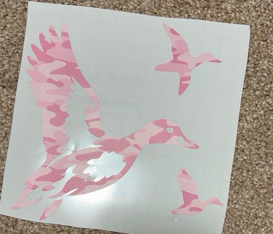 Pink Camo flying duck sticker 6x6