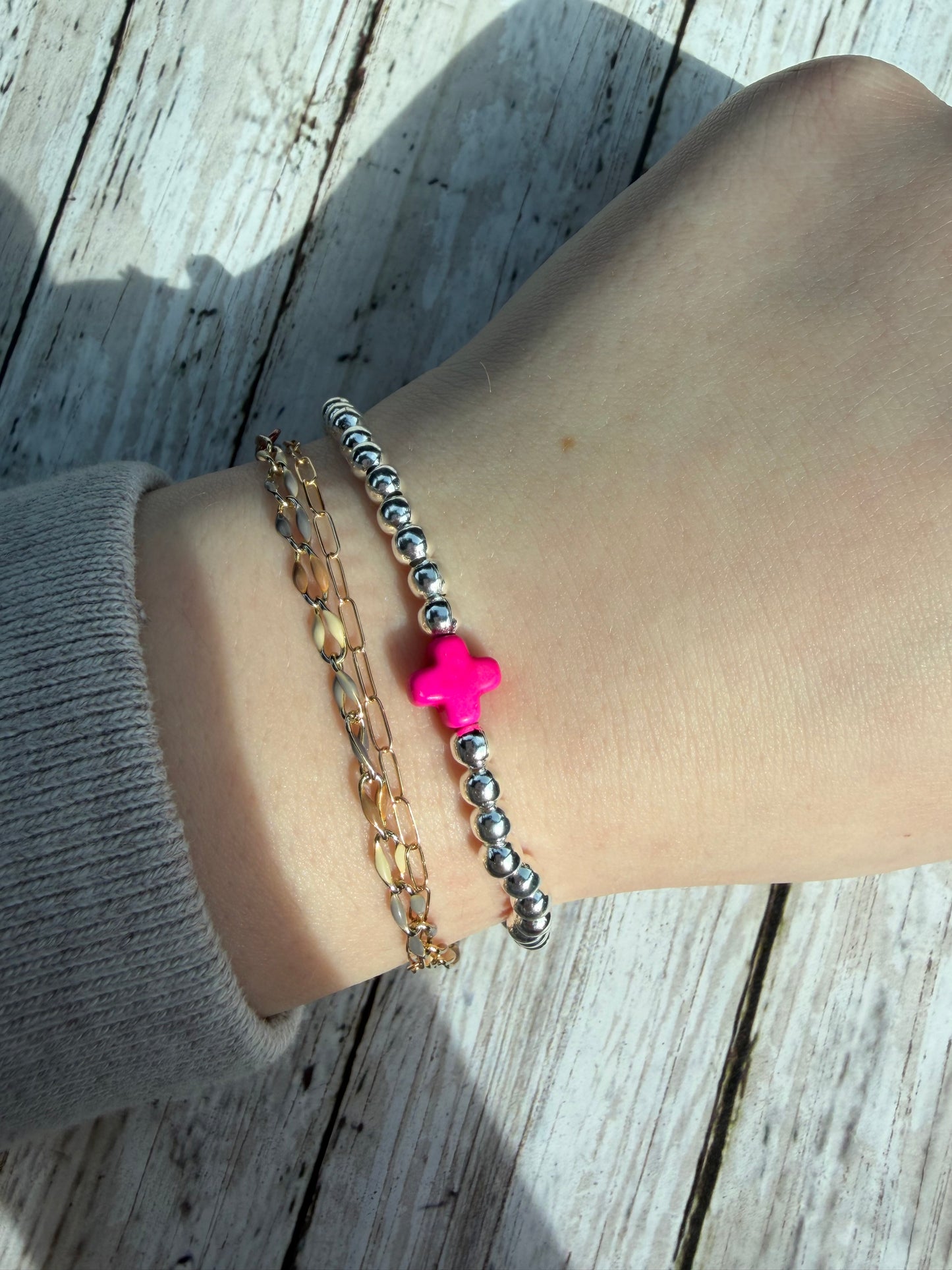 Silver pink cross bracelet no tarnish