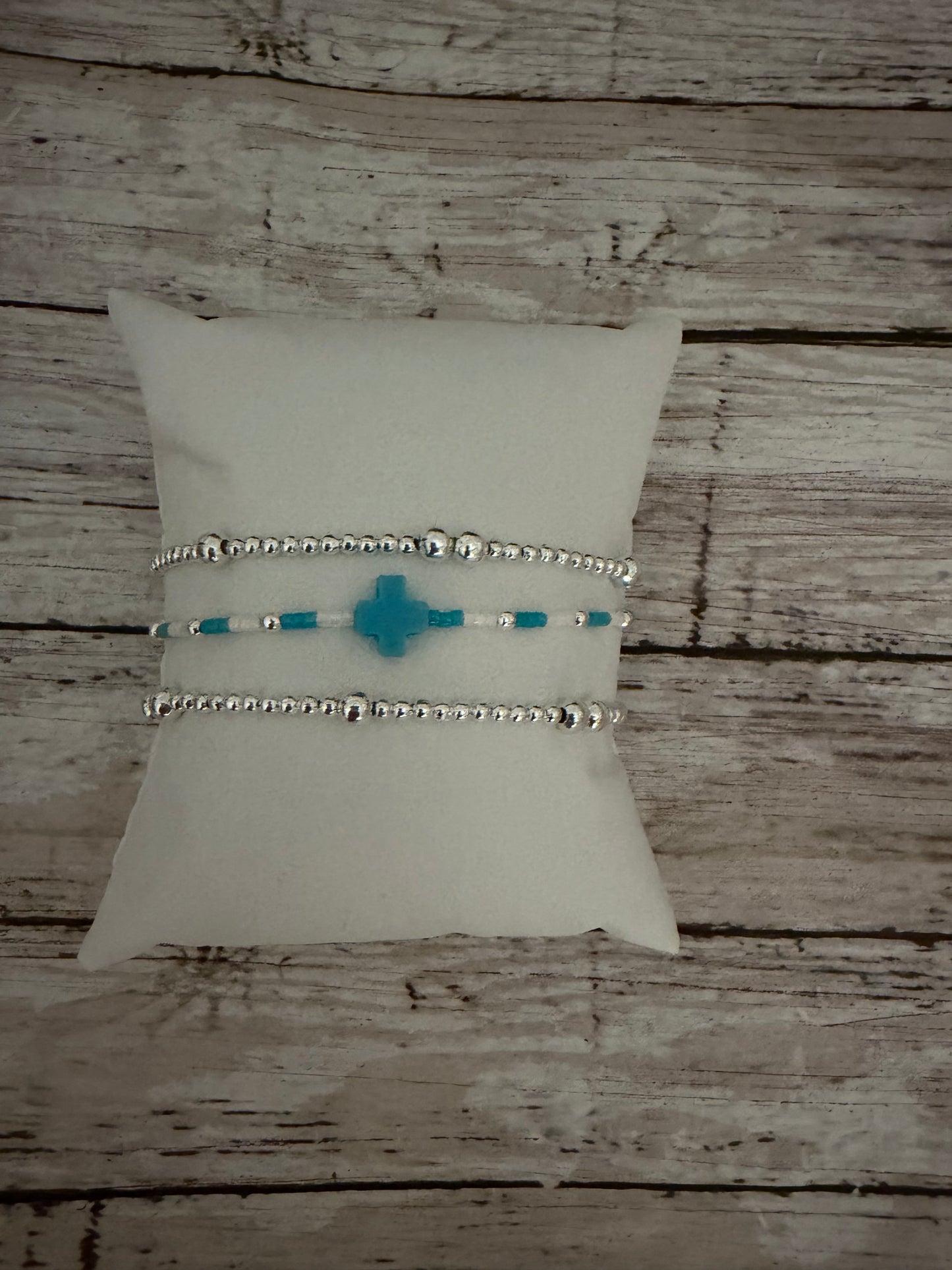 Dainty turquoise Easter cross stack in silver non tarnish
