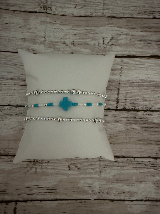 Dainty turquoise Easter cross stack in silver non tarnish