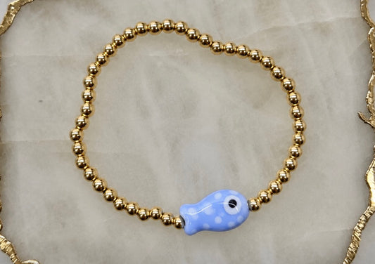 Blue polka dot porcelain fish gold plated or gold filled non tarnish bracelet