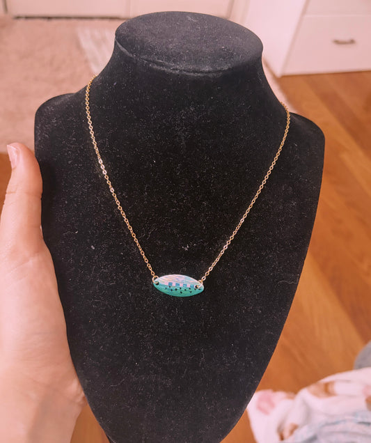 Green and pink blue fox lure gold filled non tarnish necklace