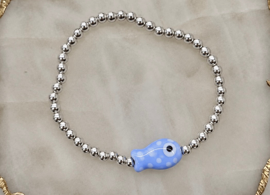 Blue polka dot non tarnish fish bracelet in sterling silver and silver plated