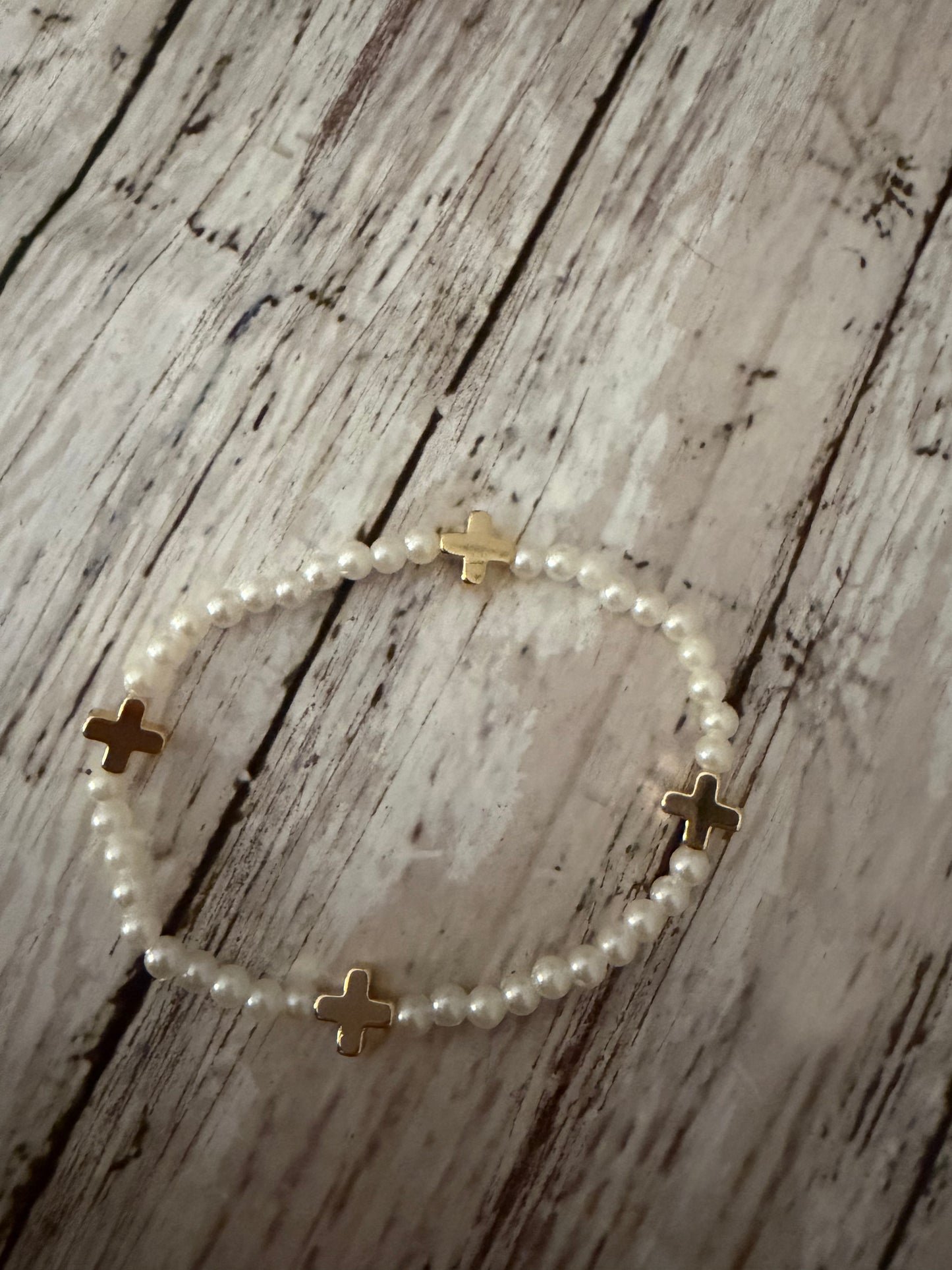 Mini pearl easter cross bracelet in gold non tarnish
