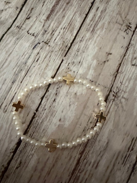 Mini pearl easter cross bracelet in gold non tarnish