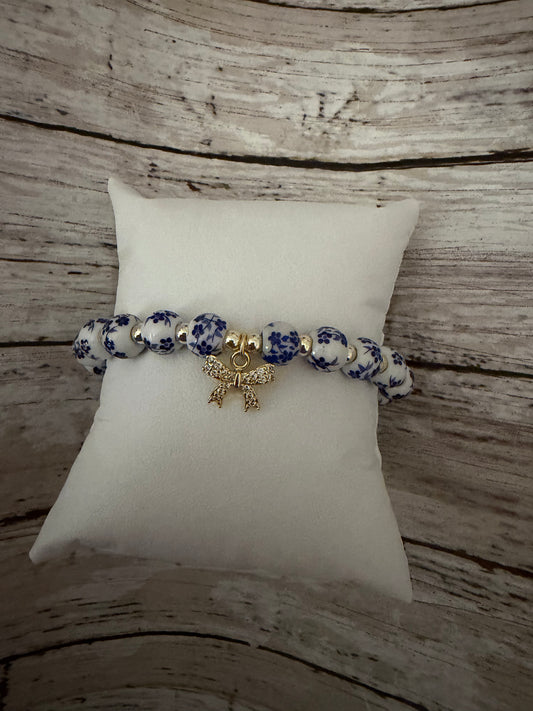 Blue floral and bow gold filled bracelet non tarnish