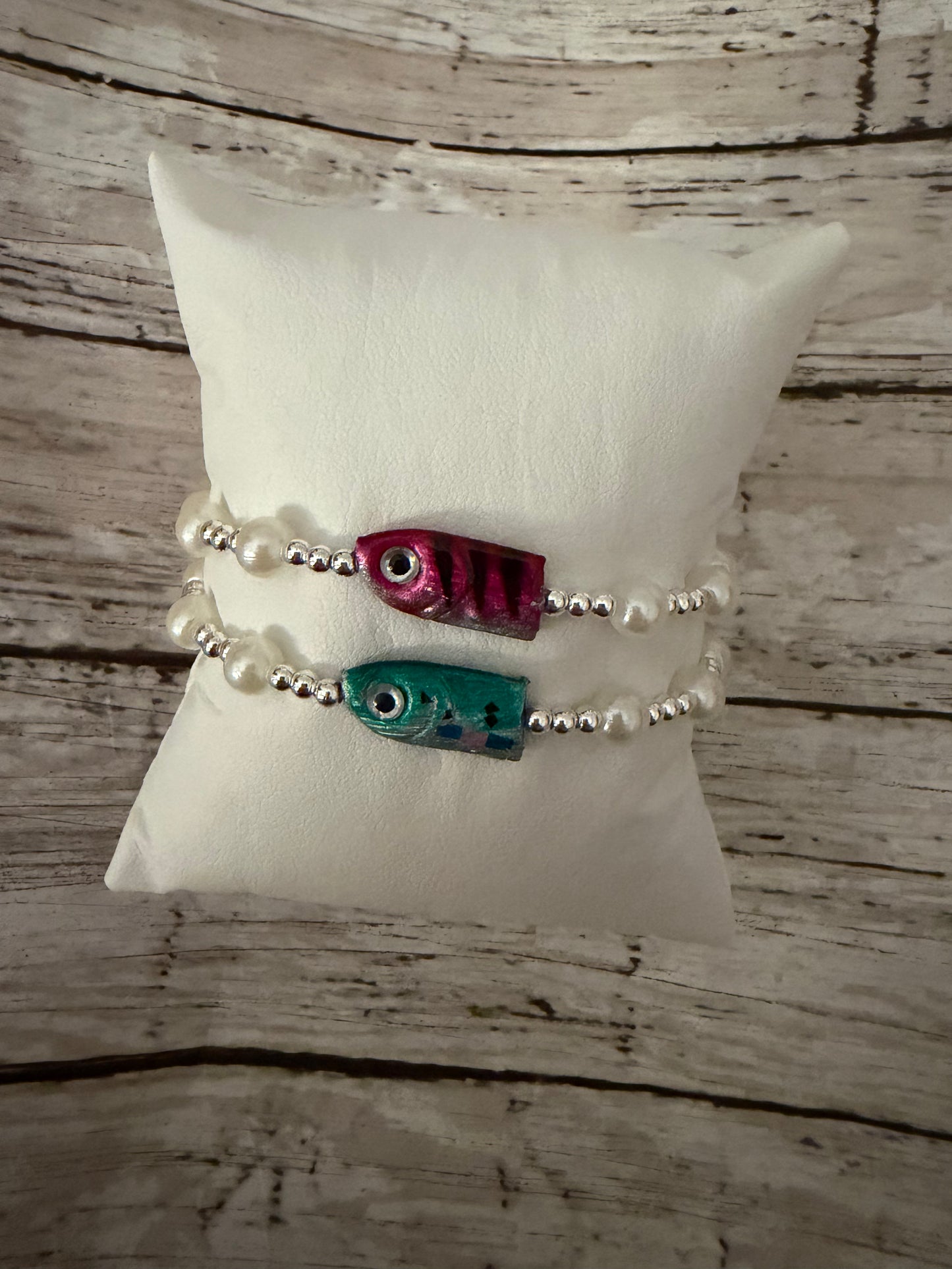 Pink and teal/green silver filled lure bracelet combo