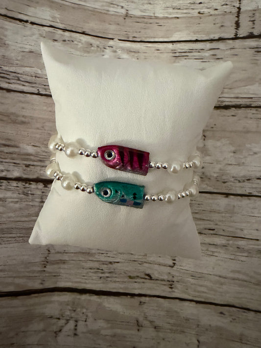 Pink and teal/green silver filled lure bracelet combo