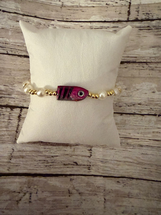 Gold and pink non tarnish fishing lure bracelet