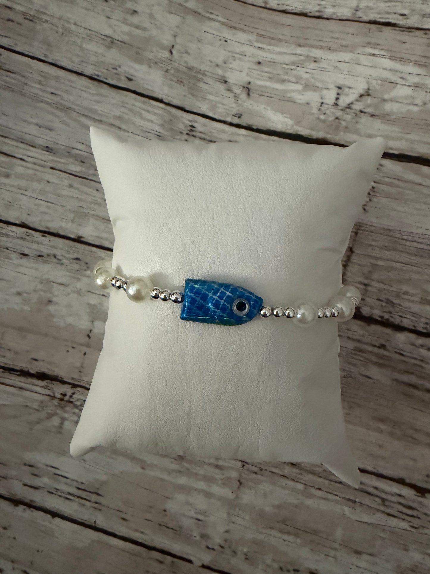 Silver filled fishing lure bracelet in blue non tarnish