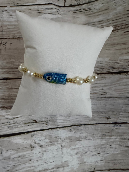 Blue fish fishing lure non tarnish bracelet in gold