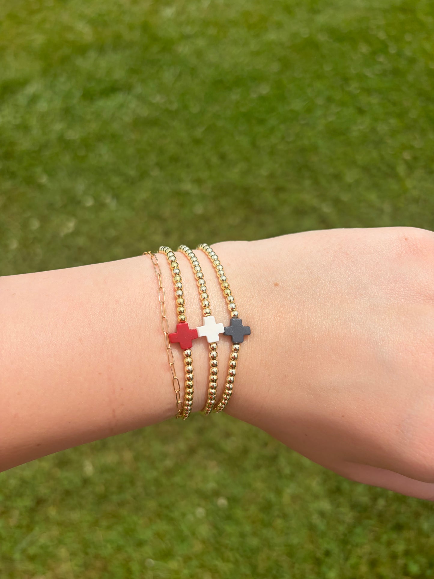 Red white and blue gold filled cross bracelet set