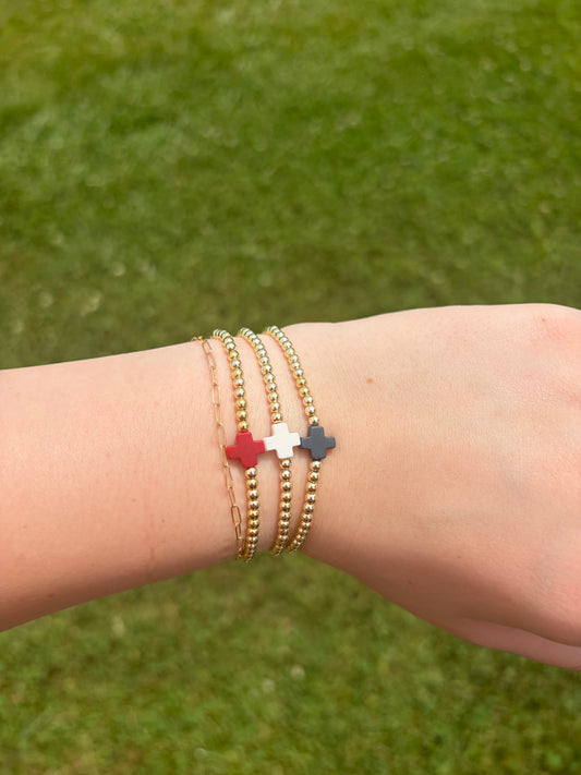 Red white and blue gold filled cross bracelet set