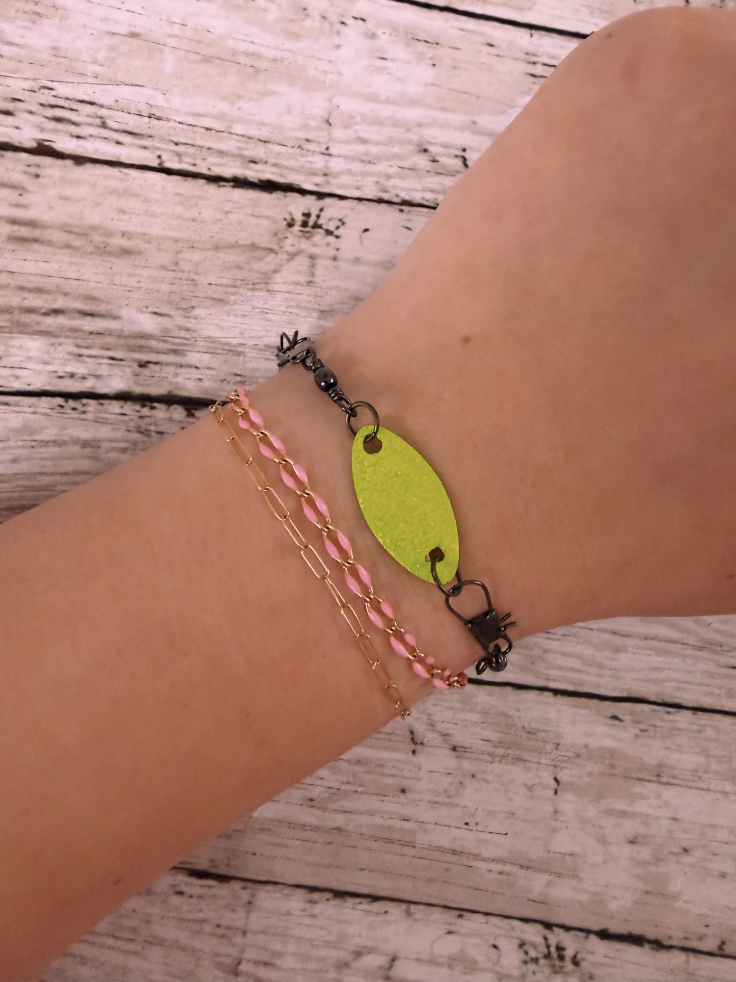 Rooster tail neon lure and black swivel adjustable bracelet