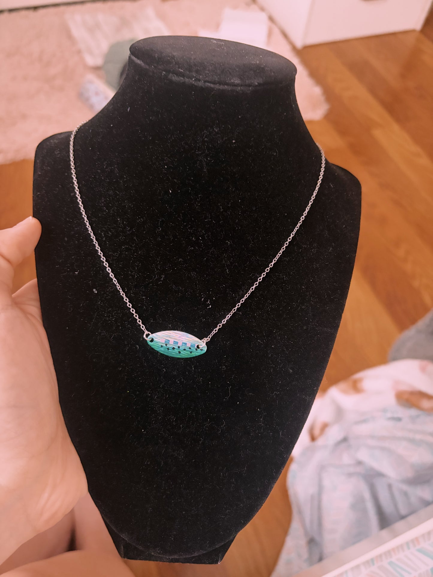 Blue fox green and pink lure silver filled non tarnish necklace