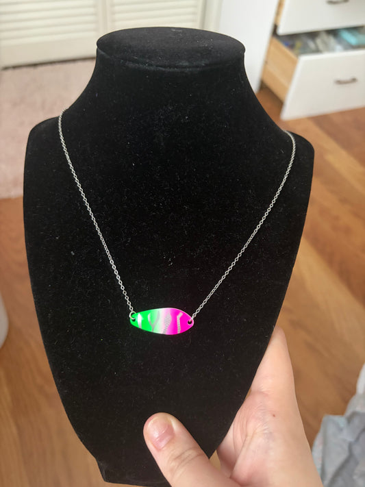 Neon pink and green zebra lure silver filled nontarnish necklace