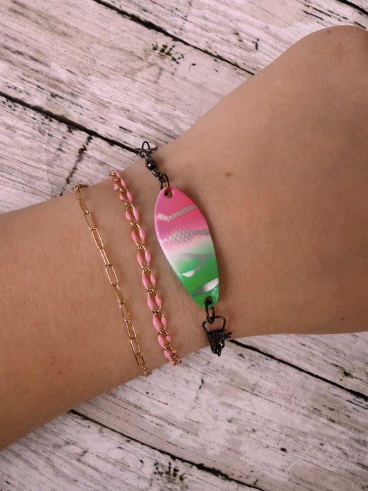 Pink and neon green zebra print lure black swivel adjustable bracelet