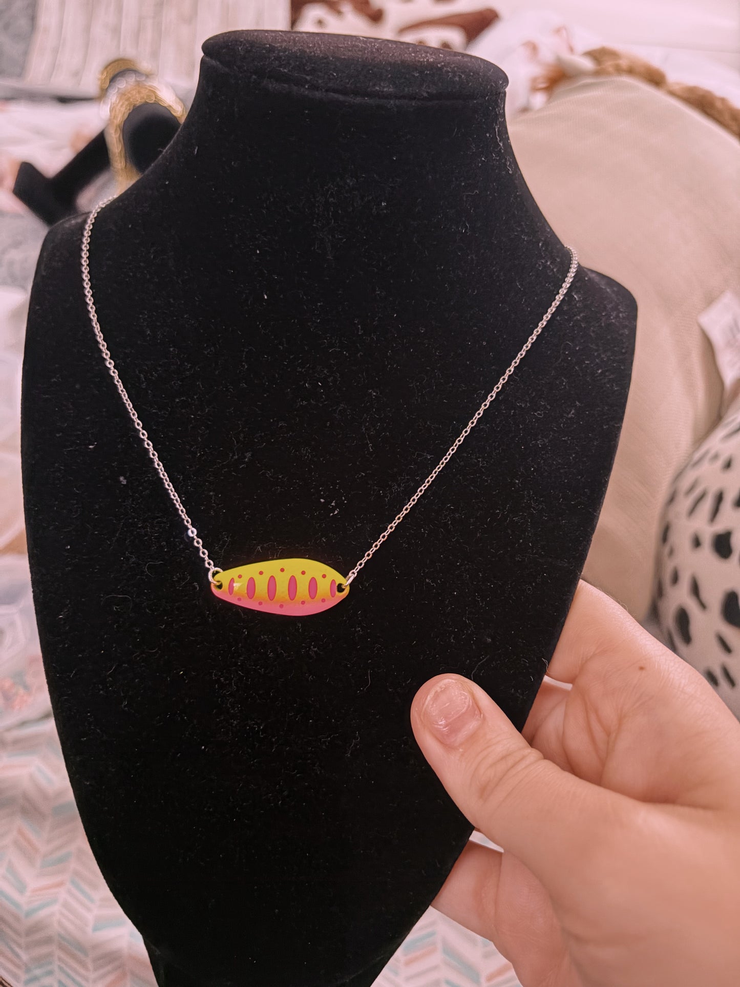Neon pink and yellow lure silver filled non tarnish adjustable necklace