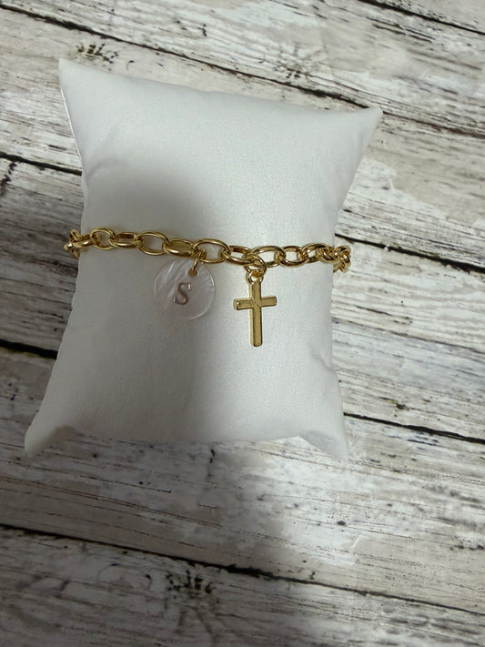 Gold filled non tarnish inital cross bracelet adjustable